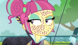 Size: 813x479 | Tagged: safe, edit, screencap, sour sweet, equestria girls, friendship games, :t, freckles, nightmare fuel, raised eyebrow, smirk, solo, trypophobia