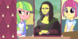 Size: 1024x519 | Tagged: safe, artist:airiana45, edit, edited screencap, screencap, lemon zest, sour sweet, equestria girls, friendship games, alternate universe, cake, food, mona lisa, watermark