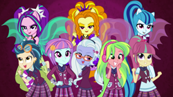 Size: 1920x1080 | Tagged: safe, artist:auburnborbon, artist:dashiefan2502, artist:mixiepie, artist:xebck, adagio dazzle, aria blaze, indigo zap, lemon zest, sonata dusk, sour sweet, sugarcoat, sunny flare, equestria girls, friendship games, rainbow rocks, antagonist, clothes, crystal prep academy uniform, crystal prep shadowbolts, glasses, goggles, headphones, school uniform, shadow five, sleeveless, the dazzlings