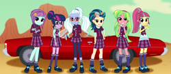Size: 2540x1100 | Tagged: safe, artist:bootsyslickmane, indigo zap, lemon zest, sci-twi, sour sweet, sugarcoat, sunny flare, twilight sparkle, fanfic:the shadowbolts adventures, equestria girls, friendship games, adoraflare, arm behind back, car, chevrolet, chevrolet impala, clothes, cloud, crystal prep academy, crystal prep academy uniform, crystal prep shadowbolts, cute, desert, fanfic, fanfic art, glasses, goggles, headphones, high heels, leggings, looking at you, pigtails, ponytail, redesign, school uniform, shadow five, shadow six, shoes, skirt, smiling, smirk, socks, sourbetes, sugarcute, twiabetes, zapabetes, zestabetes