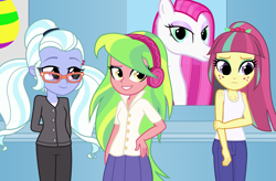 Size: 1805x1184 | Tagged: safe, artist:bootsyslickmane, lemon zest, sour sweet, sugarcoat, oc, sea pony, fanfic:the shadowbolts adventures, equestria girls, friendship games, alternate costumes, button, cardigan, clothes, easter egg, fanfic, fanfic art, freckles, glasses, headphones, pants, pigtails, pleated skirt, ponytail, poster, skirt, smiling, tanktop, trio, worried