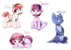 Size: 2283x1608 | Tagged: safe, artist:magnaluna, derpibooru import, oc, oc only, oc:aqua, oc:autarus, oc:ipomea, oc:nuve, dracony, hybrid, pegasus, pony, unicorn, :3, cute, female, floppy ears, magical lesbian spawn, mare, offspring, parent:oc:zefiro, parent:princess celestia, parent:princess luna, parent:twilight sparkle, parents:canon x oc, parents:twilestia, simple background, tongue out, transparent background