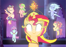 Size: 985x701 | Tagged: safe, artist:pinkdiamond1362, indigo zap, lemon zest, sour sweet, sugarcoat, sunny flare, sunset shimmer, pony, equestria girls, alternate mane six, alternate universe, big crown thingy, elements of harmony, equestria girls ponified, jewelry, ponified, regalia, scene interpretation, shadow five