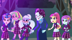 Size: 1280x720 | Tagged: safe, screencap, indigo zap, lemon zest, principal abacus cinch, sour sweet, sugarcoat, sunny flare, equestria girls, friendship games, shadow five