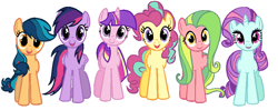 Size: 872x346 | Tagged: safe, artist:diana173076, indigo zap, lemon zest, princess cadance, sour sweet, sugarcoat, sunny flare, equestria girls, alternate mane six, alternate universe, equestria girls ponified, hugpony poses, ponified, shadow five