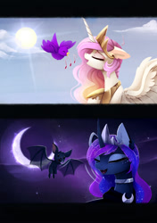 Size: 1460x2078 | Tagged: safe, artist:magnaluna, derpibooru import, princess celestia, princess luna, alicorn, bat, bird, pony, beautiful, cloud, collar, crescent moon, crown, curved horn, cute, cute little fangs, duo, ear fluff, eyes closed, fangs, female, floppy ears, galaxy mane, horn, jewelry, mare, moon, music notes, neck fluff, night, open mouth, regalia, royal sisters, siblings, singing, sisters, sky, sun, wing fluff