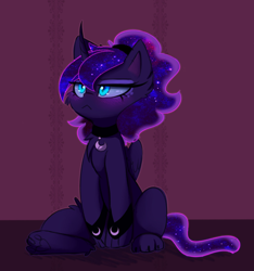 Size: 1030x1100 | Tagged: safe, alternate version, artist:magnaluna, derpibooru import, edit, princess luna, cat, :<, blushing, catified, chest fluff, collar, cropped, curved horn, cute, ear fluff, female, galaxy mane, grumpy luna, i'm not cute, leg fluff, lunabetes, paws, solo, species swap, textless, underpaw, wingding eyes