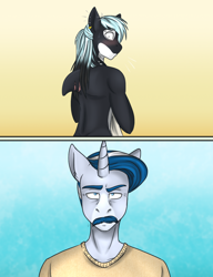 Size: 1024x1331 | Tagged: safe, artist:blackblood-queen, derpibooru import, oc, oc only, oc:mako, oc:silver lining, anthro, earth pony, hybrid, orca pony, original species, anthro oc, awkward, clothes, dorsal fin, ear piercing, facial hair, gradient background, looking at you, looking back, male, moustache, partial nudity, piercing, rear view, scar, simple background, stallion, story in the source, story included, surprised, topless