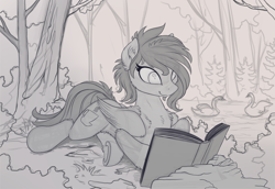 Size: 2150x1475 | Tagged: safe, artist:yakovlev-vad, derpibooru import, oc, oc only, pegasus, pony, swan, book, commission, female, fluffy, forest, mare, monochrome, nature, patreon reward, prone, reading, scenery, sketch, smiling, solo, tree, underhoof