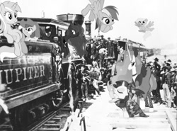 Size: 600x444 | Tagged: safe, apple bloom, derpy hooves, lyra heartstrings, princess celestia, princess luna, rainbow dash, rarity, human, irl, irl human, locomotive, monochrome, photo, ponies in real life, saloon dress, train, transcontinental railroad