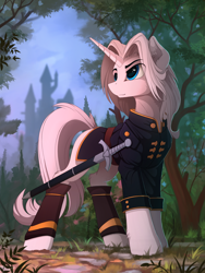 Size: 1530x2035 | Tagged: safe, artist:yakovlev-vad, derpibooru import, oc, oc only, oc:imperious, pony, unicorn, city, clothes, colored sketch, ear fluff, fluffy, male, patreon reward, scenery, solo, stallion, sword, uniform, weapon