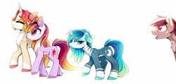 Size: 3860x1837 | Tagged: safe, artist:magnaluna, derpibooru import, princess celestia, princess luna, twilight sparkle, twilight sparkle (alicorn), oc, oc only, oc:afterlight, oc:crystal moon, oc:destiny, alicorn, pony, unicorn, alter ego, cheek fluff, chest fluff, chin fluff, colored hooves, colored pupils, curved horn, disguise, eyes closed, female, floppy ears, galaxy mane, heart, horn, leg fluff, lidded eyes, mare, open mouth, simple background, tongue out, white background, wingding eyes
