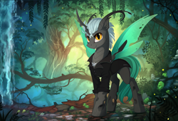 Size: 2100x1428 | Tagged: safe, artist:yakovlev-vad, derpibooru import, oc, oc only, changeling, changeling oc, clothes, commission, forest, jacket, looking at you, male, patreon reward, scenery, smiling, solo, tree, waterfall