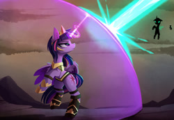 Size: 2222x1528 | Tagged: safe, artist:magnaluna, derpibooru import, twilight sparkle, twilight sparkle (alicorn), alicorn, changeling, pony, alternate universe, armor, badass, force field, magic, rearing, solo focus, story included