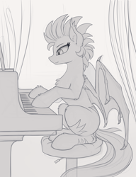 Size: 1010x1312 | Tagged: safe, artist:yakovlev-vad, derpibooru import, oc, oc only, bat pony, pony, chest fluff, female, mare, monochrome, patreon reward, piano, sitting, sketch, slit eyes, smiling, solo