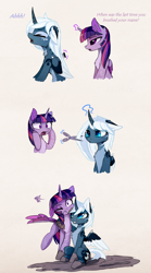 Size: 1256x2256 | Tagged: safe, artist:magnaluna, derpibooru import, princess luna, twilight sparkle, twilight sparkle (alicorn), alicorn, pony, alternate design, alternate hairstyle, brushing, colored wings, curved horn, cutting, dialogue, duo, female, floppy ears, hairbrush, mare, missing accessory, mud, smiling, swirly markings, wing claws