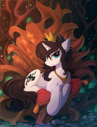 Size: 1820x2380 | Tagged: safe, artist:yakovlev-vad, derpibooru import, oc, oc only, pony, unicorn, crown, jewelry, looking at you, peytral, pillow, regalia, solo, throne