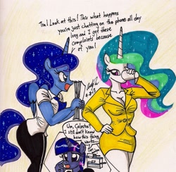 Size: 1391x1358 | Tagged: safe, artist:newyorkx3, princess celestia, princess luna, twilight sparkle, anthro, cleavage, clothes, female, photocopier, suit, traditional art