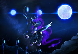 Size: 3344x2300 | Tagged: safe, artist:magnaluna, derpibooru import, princess luna, alicorn, pony, colored wings, colored wingtips, crown, curved horn, ear fluff, female, flying, galaxy mane, glowing horn, jewelry, mare, moon, night, regalia, solo