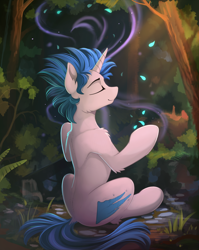 Size: 1800x2260 | Tagged: safe, artist:yakovlev-vad, derpibooru import, oc, oc only, pony, unicorn, blue hair, eyes closed, forest, male, meditating, patreon reward, scapula, sitting, smiling, solo, stallion