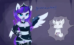 Size: 2230x1378 | Tagged: safe, artist:magnaluna, derpibooru import, princess luna, oc, oc:zefiroth, alicorn, anthro, dragon, alternate design, alternate universe, canon x oc, clothes, colored wings, crescent moon, crown, cup, cute, dragon oc, dress, ear fluff, exclamation point, female, floppy ears, galaxy mane, heart, jewelry, lunabetes, male, mare, moon, multicolored wings, regalia, teacup