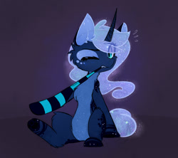 Size: 1257x1117 | Tagged: safe, artist:magnaluna, derpibooru import, princess luna, alicorn, pony, alternate universe, chest fluff, clothes, curved horn, cute, ear fluff, fangs, female, fluffy, hooves, leg fluff, lunabetes, mare, neck fluff, one eye closed, sitting, socks, solo, stockings, striped socks, struggling, thigh highs