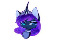 Size: 1838x1222 | Tagged: safe, artist:magnaluna, derpibooru import, princess luna, alicorn, pony, bust, cheek fluff, chest fluff, collar, crown, curved horn, ear fluff, female, galaxy mane, jewelry, mare, portrait, regalia, simple background, solo, transparent background