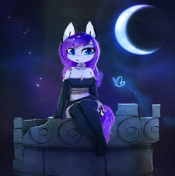 Size: 1593x1600 | Tagged: safe, artist:magnaluna, derpibooru import, princess luna, alicorn, anthro, plantigrade anthro, breasts, cleavage, clothes, collar, dress, ear fluff, female, galaxy mane, horn, mare, moon, night, shoulder fluff, socks, solo, thigh highs