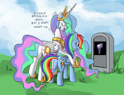 Size: 780x600 | Tagged: safe, princess celestia, rainbow dash, alicorn, pegasus, pony, butt, celestia's grave meme, command and conquer, exploitable meme, female, grave, implied death, mare, plot, red alert 2, westwood, yuri (red alert 2), yuri's revenge