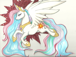 Size: 1200x909 | Tagged: safe, artist:mrsred, princess celestia, alicorn, pony, crown, female, horn, mare, multicolored mane, multicolored tail, solo, white coat, white wings, wings