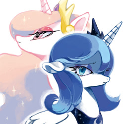 Size: 600x600 | Tagged: safe, artist:mutagorou0w0, princess celestia, princess luna, alicorn, pony, alternate hairstyle, snowdrop (animation)