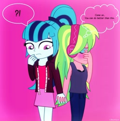 Size: 600x605 | Tagged: safe, artist:cbear624, lemon zest, sonata dusk, equestria girls, friendship games, blushing, determination, embarrassed, exclamation point, female, holding hands, interrobang, lemonata, lesbian, question mark, shipping, thought bubble