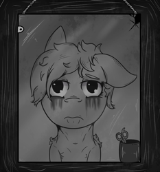 Size: 931x1000 | Tagged: safe, artist:lazerblues, derpibooru import, oc, oc:miss eri, earth pony, pony, alternate hairstyle, female, makeup, mare, mirror, monochrome, running makeup, sad, scissors, solo