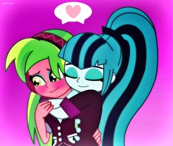 Size: 600x507 | Tagged: safe, artist:cbear624, lemon zest, sonata dusk, equestria girls, friendship games, rainbow rocks, blushing, crack shipping, cute, eyes closed, female, heart, hug, lemonata, lesbian, shipping