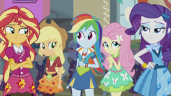 Size: 1280x720 | Tagged: safe, screencap, applejack, fluttershy, indigo zap, lemon zest, rainbow dash, rarity, sugarcoat, sunset shimmer, equestria girls, friendship games, clothes, cowboy hat, hat, skirt, stetson