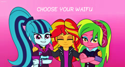 Size: 600x324 | Tagged: safe, artist:cbear624, lemon zest, sonata dusk, sunset shimmer, equestria girls, bronybait, eyes closed, smiling, waifu