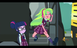 Size: 1280x800 | Tagged: safe, screencap, lemon zest, sci-twi, twilight sparkle, equestria girls, friendship games, bus, clothes, cute, magic capture device, skirt, zestabetes