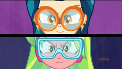 Size: 1366x768 | Tagged: safe, screencap, indigo zap, lemon zest, acadeca, equestria girls, friendship games, crystal prep academy, crystal prep shadowbolts, discovery family logo, duo, goggles