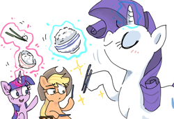 Size: 680x468 | Tagged: safe, artist:nendo, applejack, rarity, twilight sparkle, unicorn twilight, earth pony, pony, unicorn, chopsticks, female, food, group, magic, mare