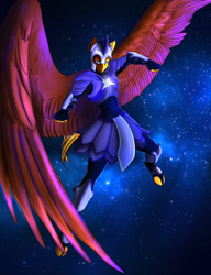 Size: 1024x1333 | Tagged: safe, artist:blackblood-queen, derpibooru import, oc, oc only, oc:daniel dasher, anthro, dracony, hybrid, pegasus, unguligrade anthro, anthro oc, armor, helmet, large wings, looking at you, night guard, solo, wings