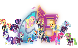 Size: 9543x5831 | Tagged: safe, artist:meganlovesangrybirds, applejack, fluttershy, indigo zap, lemon zest, pinkie pie, rainbow dash, rarity, sci-twi, sour sweet, sugarcoat, sunny flare, sunset shimmer, twilight sparkle, pony, equestria girls, friendship games, absurd resolution, bowtie, canterlot high, clothes, cowboy hat, crystal prep academy, crystal prep academy uniform, crystal prep shadowbolts, denim skirt, equestria girls outfit, equestria girls ponified, floating, freckles, goggles, group, hat, headphones, inkscape, leather jacket, logo, looking at each other, looking back, pleated skirt, ponified, raised hoof, school uniform, shadow five, signature, simple background, skirt, stetson, transparent background, unicorn sci-twi, vector, versus, wondercolts, wristband