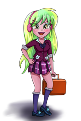 Size: 1596x2377 | Tagged: safe, artist:sumin6301, edit, lemon zest, equestria girls, friendship games, bag, bowtie, clothes, crystal prep academy, crystal prep shadowbolts, headphones, looking at you, open mouth, raised leg, school uniform, skirt, socks, solo