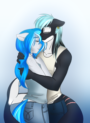 Size: 808x1104 | Tagged: safe, artist:blackblood-queen, derpibooru import, oc, oc only, oc:bubble lee, oc:imago, oc:mako, anthro, hybrid, orca pony, original species, unicorn, anthro oc, body freckles, clothes, couple, ear piercing, eyes closed, female, floppy ears, gradient background, hug, jewelry, makolee, male, mare, oc x oc, pendant, piercing, shipping, smiling, stallion, straight