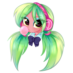 Size: 1000x1000 | Tagged: safe, artist:licora, lemon zest, equestria girls, friendship games, bow, bowtie, bubblegum, bust, cute, eyeshadow, female, headphones, looking at you, makeup, portrait, simple background, solo, transparent background, zestabetes