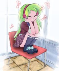 Size: 1000x1200 | Tagged: safe, artist:fromamida, lemon zest, equestria girls, friendship games, chair, clothes, crystal prep academy uniform, cute, eyes closed, female, headphones, listening, school uniform, sitting, smiling, solo, zestabetes