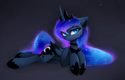 Size: 1921x1222 | Tagged: safe, artist:magnaluna, derpibooru import, princess luna, alicorn, pony, colored wings, cute, draw me like one of your french girls, female, galaxy mane, horseshoes, looking at you, lunabetes, mare, prone, smiling, solo