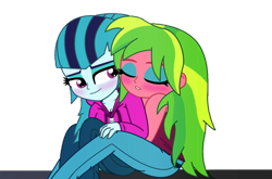 Size: 800x529 | Tagged: safe, artist:cbear624, lemon zest, sonata dusk, equestria girls, rainbow rocks, blushing, clothes, eyes closed, female, hoodie, hug, lemonata, lesbian, shipping