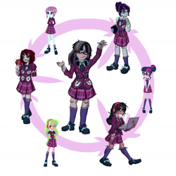 Size: 2400x2400 | Tagged: safe, artist:kul, lemon zest, sci-twi, sunny flare, twilight sparkle, equestria girls, friendship games, annoyed, armband, bowtie, clothes, creepy smile, crystal prep academy, crystal prep academy uniform, crystal prep shadowbolts, fusion, fusion diagram, glasses, hexafusion, school uniform, we have become one