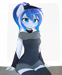 Size: 1476x1772 | Tagged: safe, artist:magnaluna, derpibooru import, princess luna, vice principal luna, equestria girls, clothes, cute, female, looking down, lunabetes, ponied up, simple background, sitting, socks, solo, teenager, thigh highs, white background, zettai ryouiki