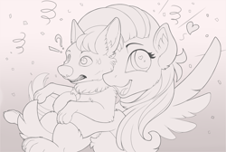 Size: 2150x1445 | Tagged: safe, artist:yakovlev-vad, derpibooru import, fluttershy, dog, pegasus, pony, bolt, collar, confetti, crossover, disney, female, grayscale, heart, heart eyes, hug, looking at you, mare, monochrome, sketch, smiling, spread wings, sweat, sweatdrop, wingding eyes, wings